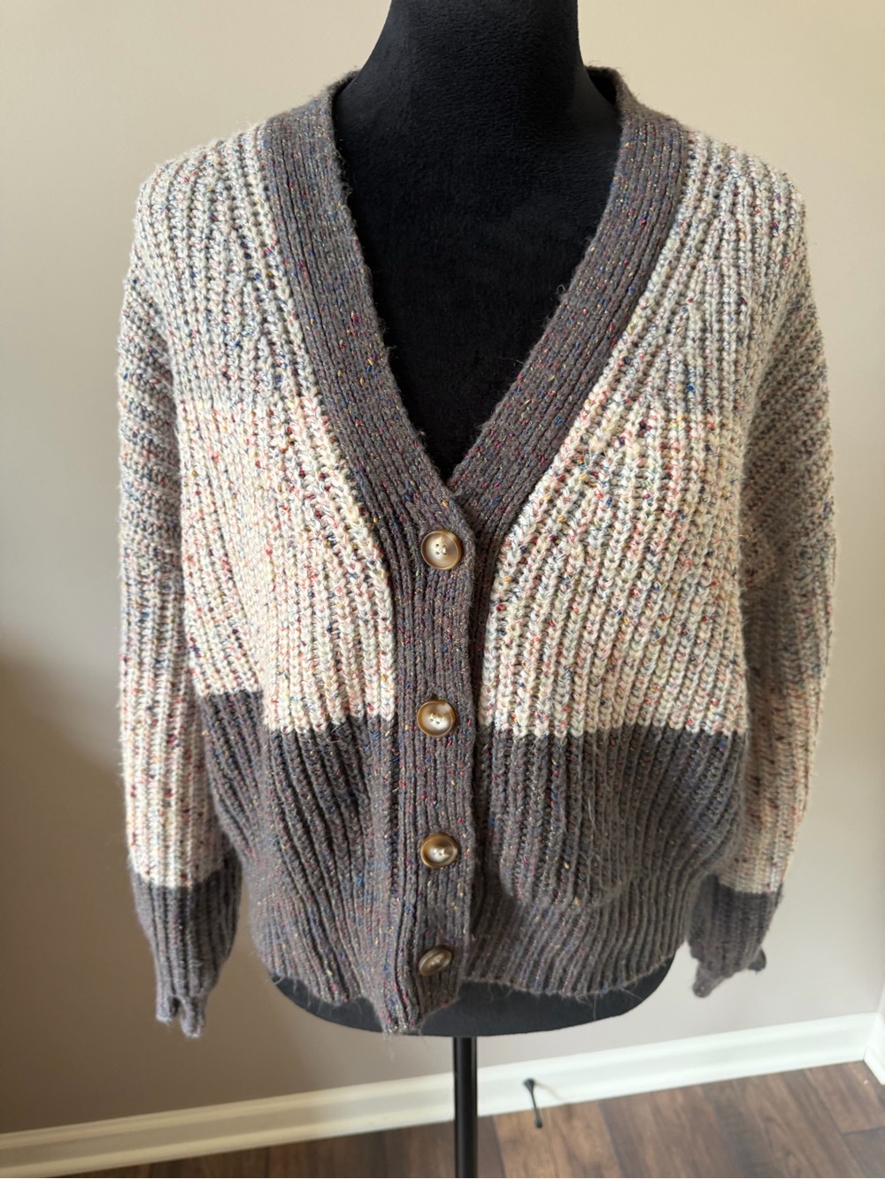 Shop Neighbor Cozy Two-Tone V-Neck Cardigan Sweater - Gray/Taupe Large